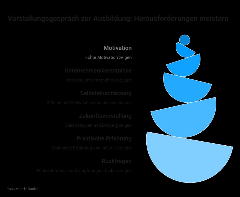 Infografik zum Vorstellungsgespräch für die Ausbildung mit den wichtigsten Themen wie Motivation, Unternehmenskenntnisse, Stärken und Schwächen, Zukunftsvorstellungen und Rückfragen.