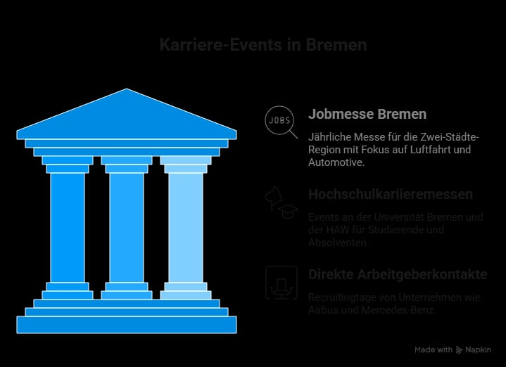 Infografik mit den wichtigsten Karriere-Events in Bremen: Jobmesse Bremen, Hochschulkarrieremessen der Universität Bremen und HAW sowie Karriere-Events von Airbus und Mercedes-Benz.