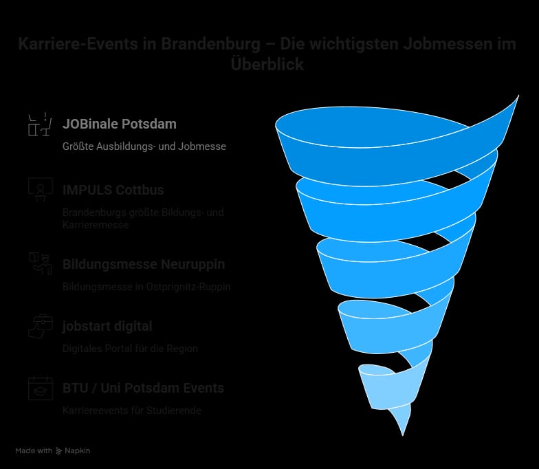 Infografik mit den wichtigsten Karriere-Events in Brandenburg: JOBinale Potsdam, IMPULS Cottbus, Bildungsmesse Neuruppin, jobstart digital sowie Karriereevents der BTU und Universität Potsdam.