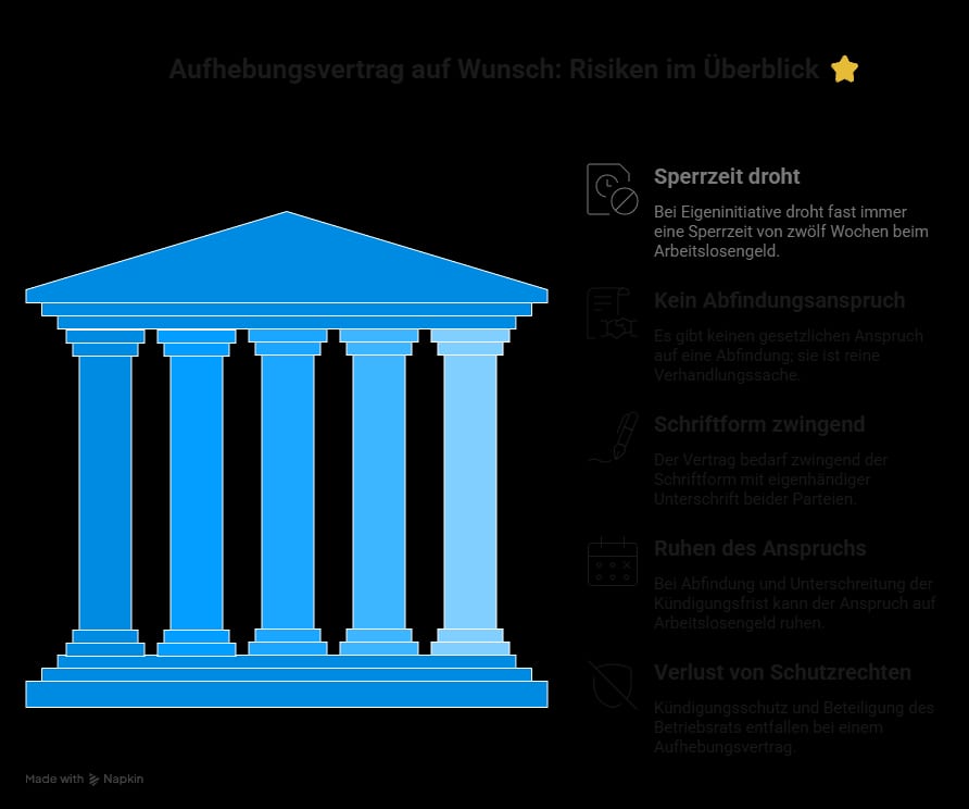 Infografik zu den wichtigsten Risiken eines Aufhebungsvertrags auf Wunsch des Arbeitnehmers: Sperrzeit beim Arbeitslosengeld, kein Abfindungsanspruch, Schriftform, Ruhen des Anspruchs und Verlust von Schutzrechten.