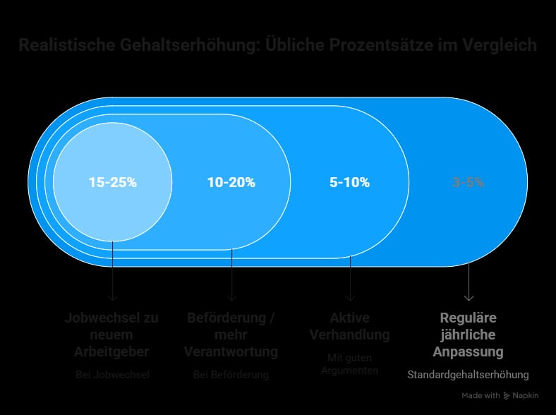 Infografik mit realistischen Gehaltserhöhungen von 3 bis 25 Prozent bei regulärer Anpassung, Gehaltsverhandlung, Beförderung und Jobwechsel.
