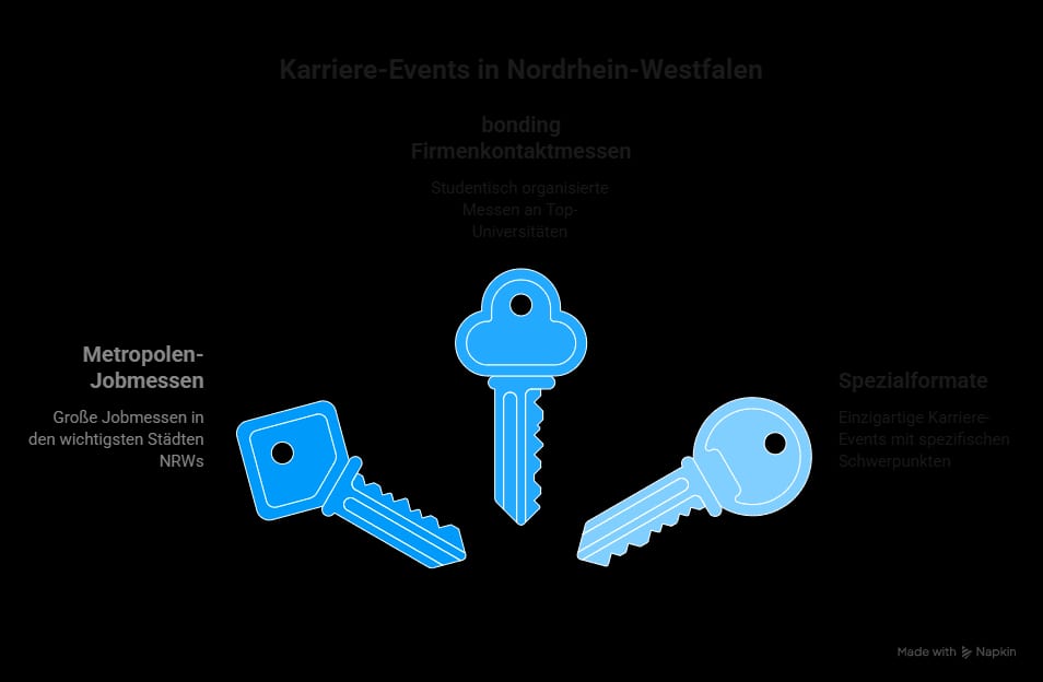 Infografik mit den wichtigsten Karriere-Events in Nordrhein-Westfalen: Metropolen-Jobmessen, bonding-Firmenkontaktmessen und spezialisierte Karriere-Events im Überblick.