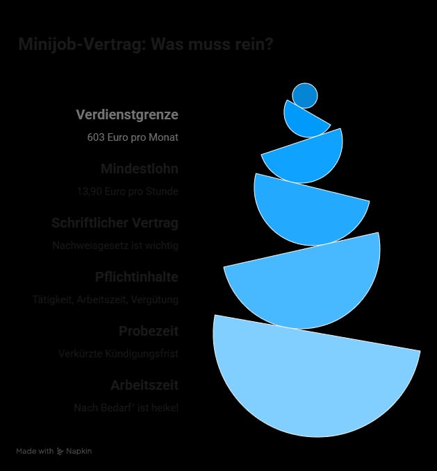 Infografik mit den wichtigsten Bestandteilen eines Minijob-Arbeitsvertrags 2026: Verdienstgrenze, Mindestlohn, schriftlicher Vertrag, Pflichtinhalte, Probezeit und Arbeitszeit.