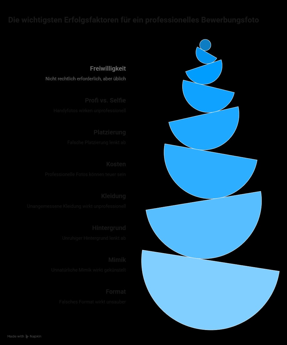 Infografik mit den wichtigsten Faktoren für ein professionelles Bewerbungsfoto – Kleidung, Hintergrund, Mimik, Format, Platzierung und Qualität