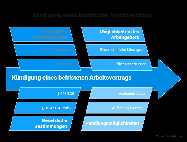 Infografik zur Kündigung eines befristeten Arbeitsvertrags mit Übersicht zu Kündigungsklausel, Tarifvertrag, § 15 TzBfG, § 626 BGB, Aufhebungsvertrag und möglichen Alternativen zur vorzeitigen Beendigung.