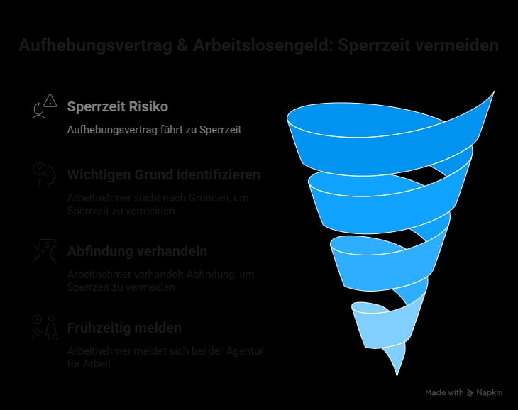 Infografik zum Aufhebungsvertrag und Arbeitslosengeld mit den Schritten: Sperrzeit-Risiko erkennen, wichtigen Grund nachweisen, Abfindung verhandeln und sich frühzeitig bei der Agentur für Arbeit melden.