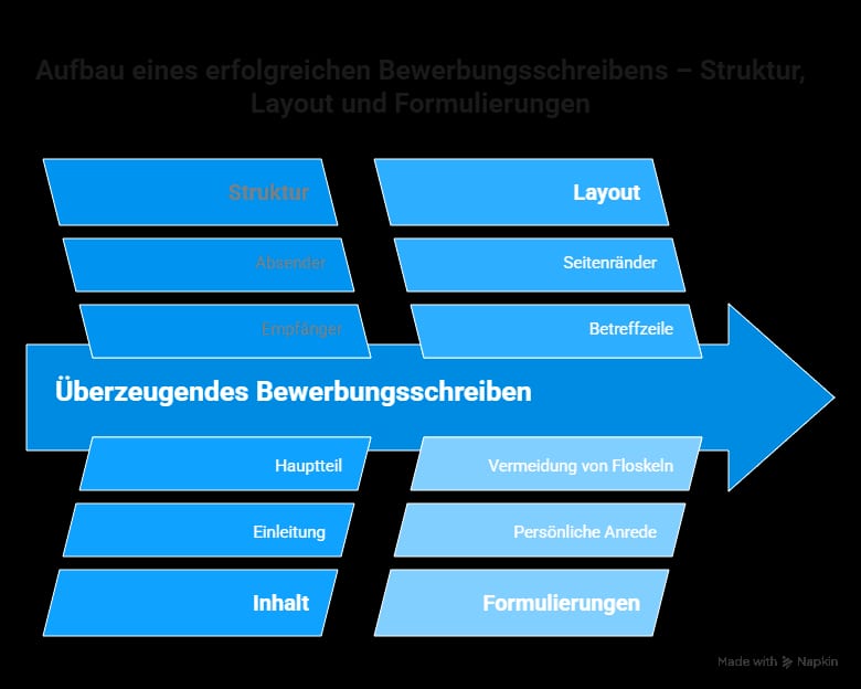 Infografik zum Aufbau eines überzeugenden Bewerbungsschreibens mit Struktur, Layout, Einleitung, Hauptteil, Betreffzeile und Formulierungen