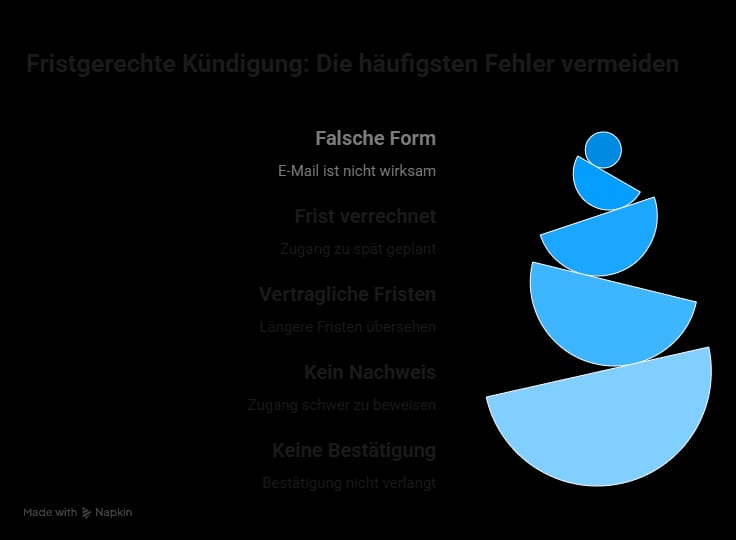 Infografik zu den häufigsten Fehlern bei einer fristgerechten Kündigung – falsche Form, Fristberechnung, vertragliche Fristen, Nachweis und Bestätigung.