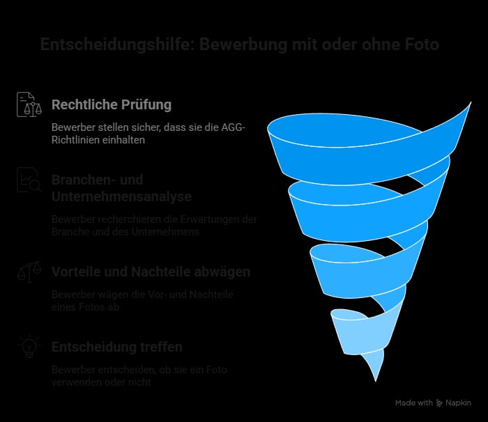 Infografik zur Entscheidung, ob eine Bewerbung mit oder ohne Foto sinnvoll ist – rechtliche Vorgaben, Branchenanforderungen sowie Vor- und Nachteile im Überblick.