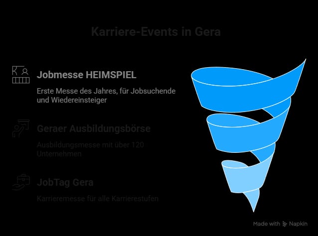 Infografik mit den wichtigsten Karriere-Events in Gera: Jobmesse HEIMSPIEL, Geraer Ausbildungsbörse und JobTag Gera im Überblick.