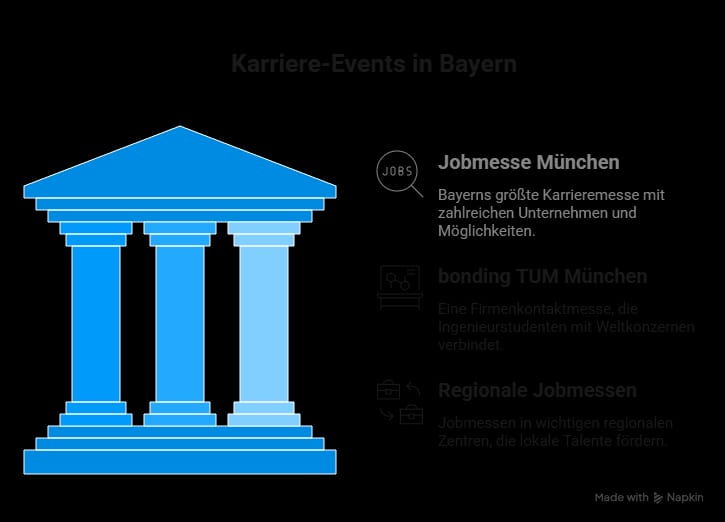 Infografik mit den wichtigsten Karriere-Events in Bayern: Jobmesse München, bonding TUM München und regionale Jobmessen in Nürnberg, Augsburg, Würzburg und Regensburg.