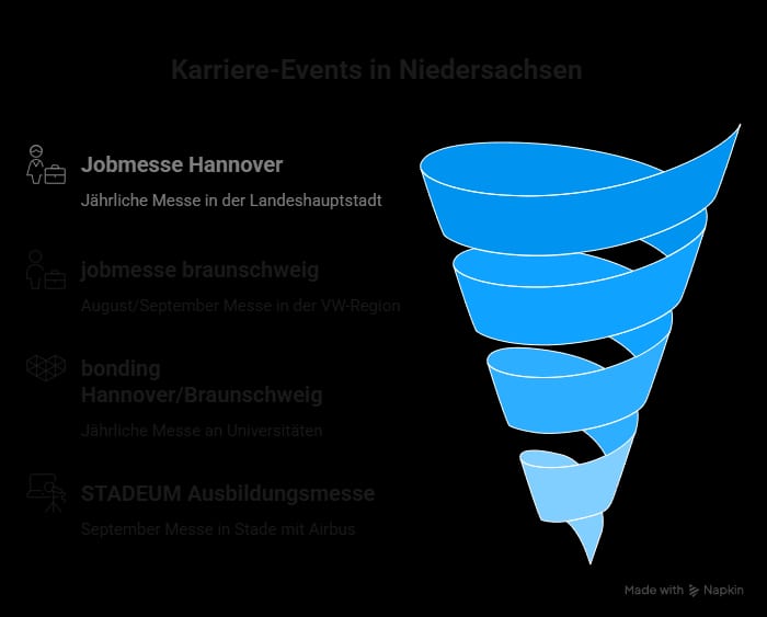 Infografik mit den wichtigsten Karriere-Events in Niedersachsen: Jobmesse Hannover, jobmesse braunschweig, bonding Hannover/Braunschweig und STADEUM Ausbildungsmesse in Stade.