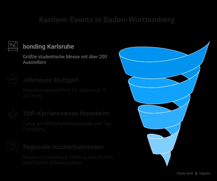 Infografik mit den wichtigsten Karriere-Events in Baden-Württemberg: bonding Karlsruhe, Jobmesse Stuttgart, TOP-Karrieremesse Mannheim und regionale Hochschulmessen im Überblick.