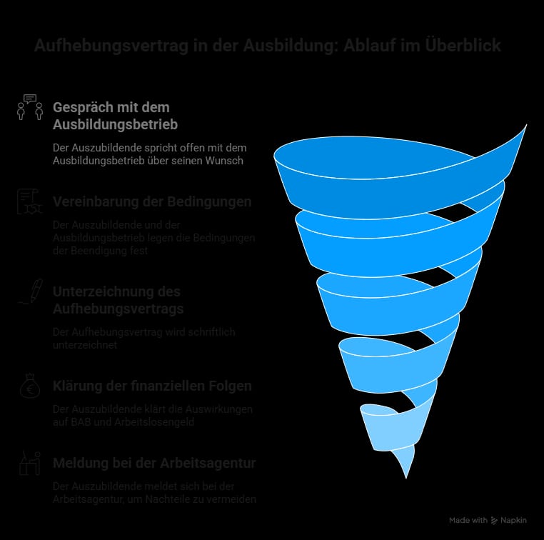 Infografik zum Ablauf eines Aufhebungsvertrags in der Ausbildung – von der Vereinbarung mit dem Ausbildungsbetrieb bis zur Meldung bei der Arbeitsagentur.