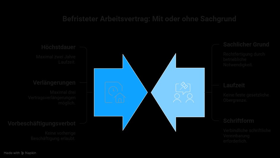 Infografik zu den Regeln für befristete Arbeitsverträge mit und ohne Sachgrund – Übersicht zu Höchstdauer, Verlängerung, Vorbeschäftigungsverbot und Schriftform.