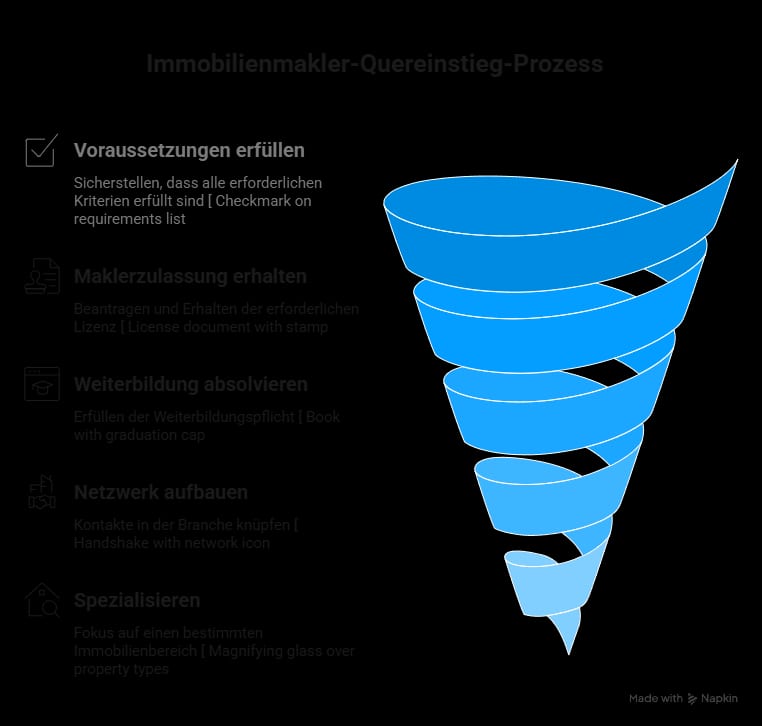 Infografik zum Quereinstieg als Immobilienmakler mit den Schritten Voraussetzungen erfüllen, Maklerzulassung erhalten, Weiterbildung absolvieren, Netzwerk aufbauen und Spezialisierung wählen.
