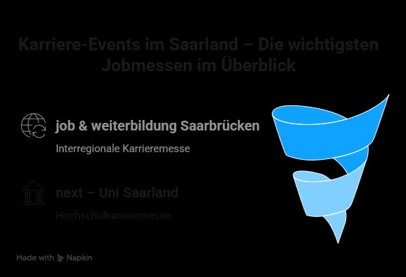 Infografik zu den wichtigsten Karriere-Events im Saarland mit job & weiterbildung Saarbrücken und next – Uni Saarland im Karriere-Trichter-Modell.