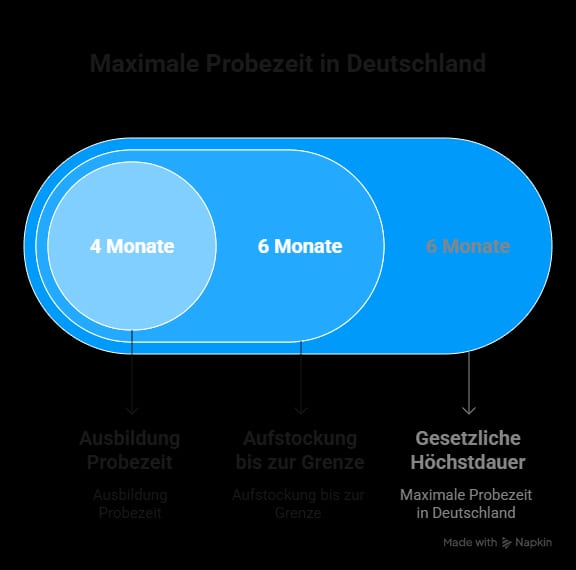 Infografik zur maximalen Probezeit in Deutschland mit Vergleich zwischen Probezeit in der Ausbildung (4 Monate), Aufstockung bis 6 Monate und gesetzlicher Höchstdauer von 6 Monaten.