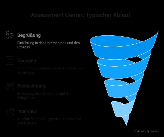 Infografik zum Ablauf eines Assessment Centers mit den Phasen Begrüßung, Übungen, Beobachtung und abschließendem Interview.