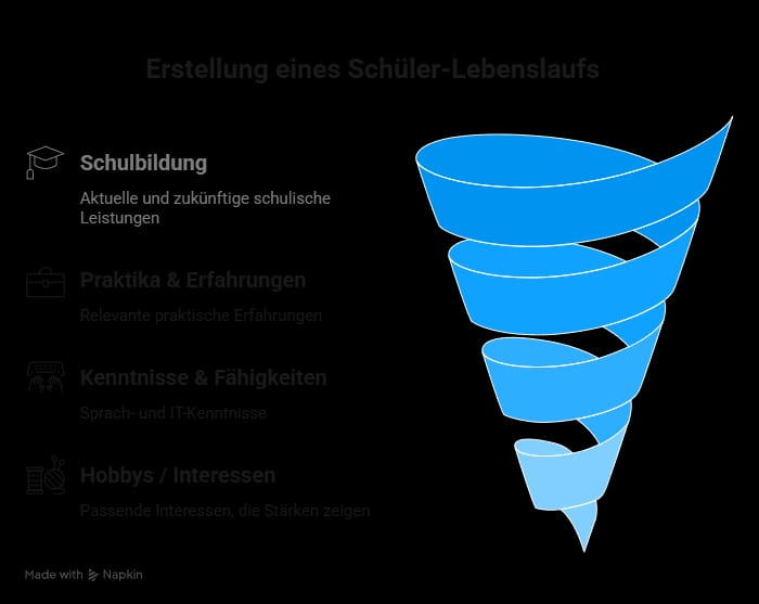 Infografik zum Aufbau eines Schüler-Lebenslaufs mit den Bereichen Schulbildung, Praktika, Kenntnisse sowie Hobbys und Interessen.